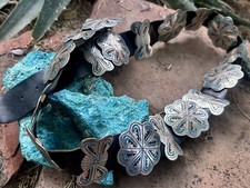 Navajo Handmade Sterling Silver Turquoise  Coral inlay 18 Concho Belt 451 Grams