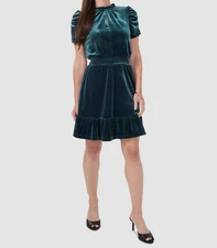 MSK Womens Green Velvet Ruffled-Neck Shirred Sleeve Dress Petite Sz PXL