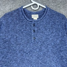 LL Bean Roll Neck Sweater Mens LT Blue Henley Fisherman Long Sleeve Chunky
