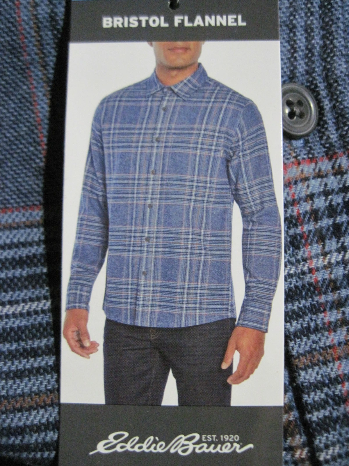 NWT Eddie Bauer Blue Gray Plaid Flannel Brushed Cotton Bristol Shirt Sz. L