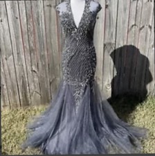 MAC DUGGAL SEQUINED BEADED EMBELLISHED MACDUGGAL GRAY HOLIDAY PARTY GOWN sz 10