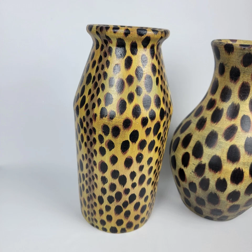 Винтажная художественная керамика латунь черная расписная ваза сафари анималистический принт коричневый желтый - Изображение 3 из 4