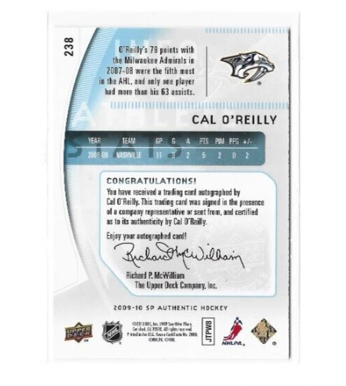 2009-10 SP Authentic #238 Cal O'Reilly Auto RC 994/999 NMMT - Image 2 of 2