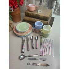 Hazel Atlas Little Hostess Moderntone Pastel Milk Glass Child's Play Dishes VTG