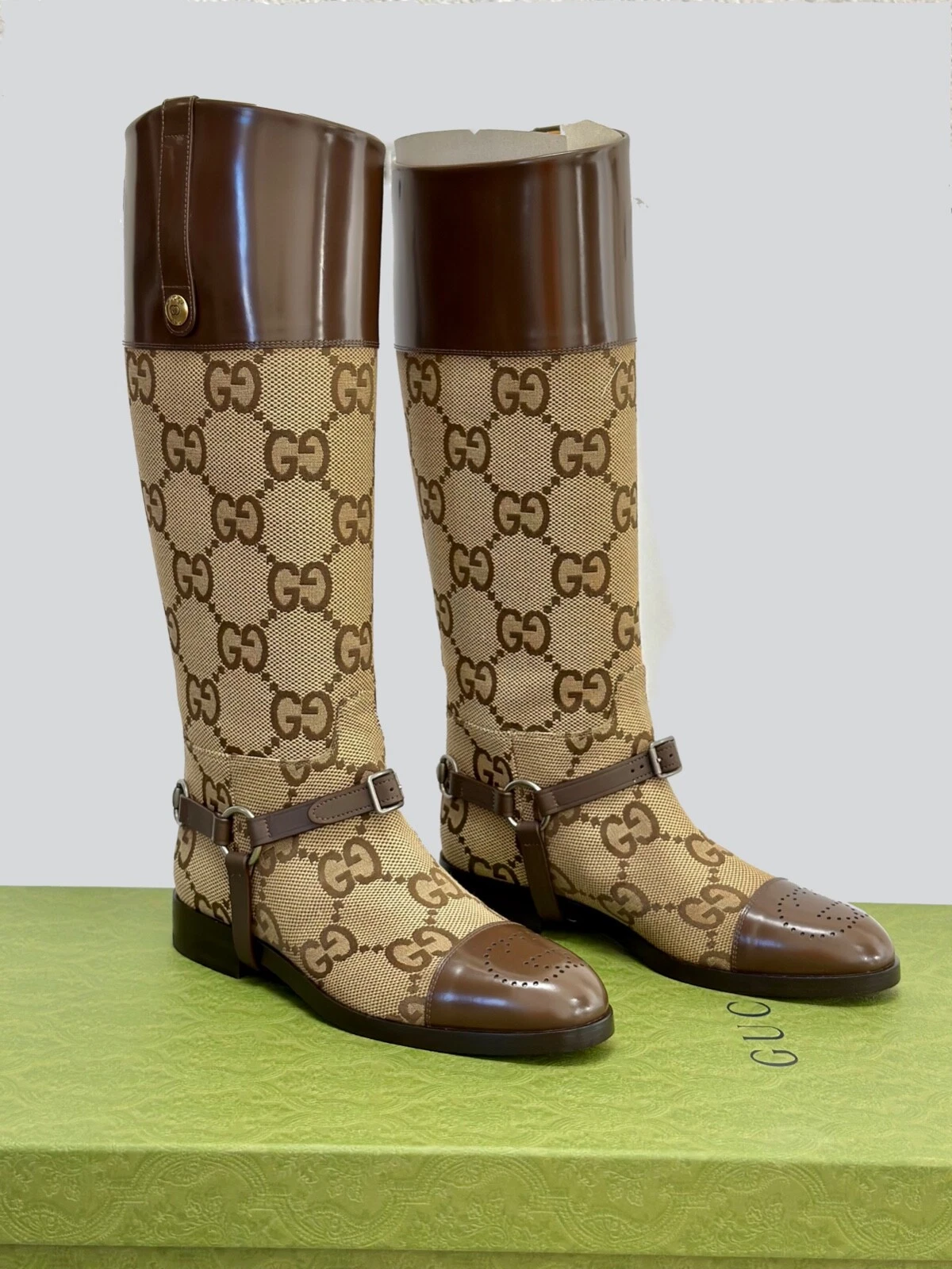 Bottes harnais en cuir toile GUCCI ARIA ZELDA GG NEUF marron US8 EU41