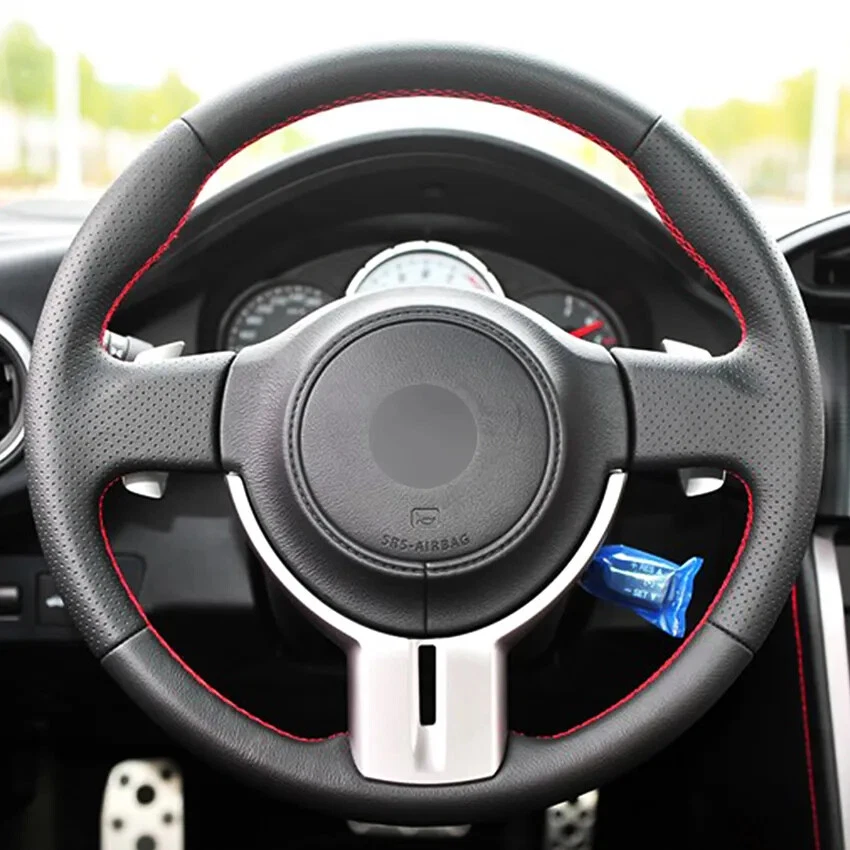 Cubierta de volante de cuero negro cosida a mano para Subaru BRZ Scion FR-S FRS Foto 2 de 4