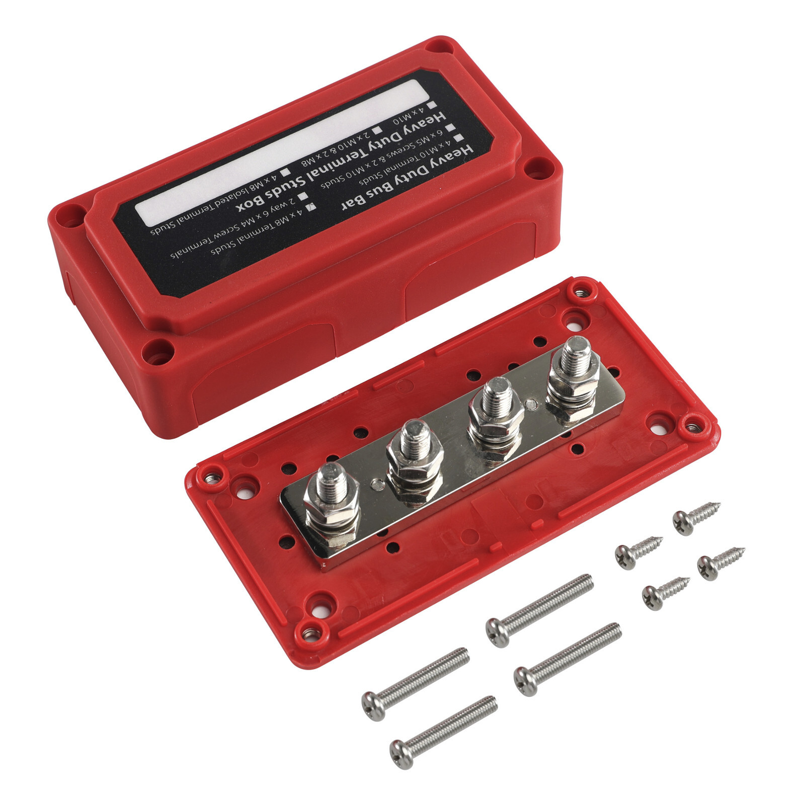 300A 12V/24V/48V red 4 way copper busbar with M8 terminals and cover
