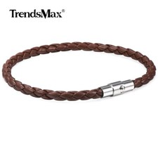 4mm Brown Man-made Braided Leather Rope Bracelet with Magnetic Clasp Wristband