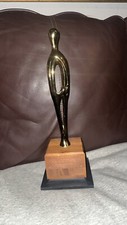 Vintage Heavy Brass Contemporary Art Award Trophy Statue Wooden Base 16 Tall