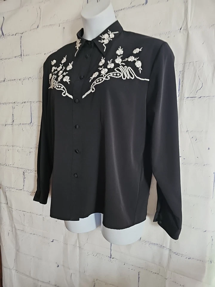 Blusa Occidental Negra Bordada Vintage Claudia Richard Talla 16 Cuello Largo/Eslv Foto 4 de 4