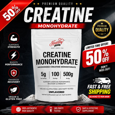 HEARTHY FOODS Creatine Monohydrate Micronized Powder 500G - 100 Servings, 5000Mg