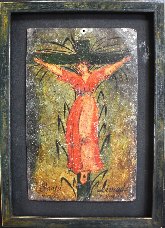 Antique 19th C. Spanish Colonial Painting/ Retablo - Santa Librata
