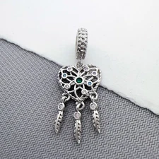 925 Silver Heart Dreamcatcher Tassel Drop CZ Dangle Charm Fits Pandor Bracelet