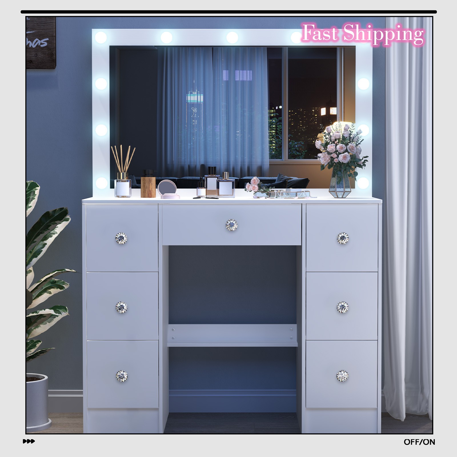 Large LED Makeup Vanity Set with 7 Drawers and Crystal Handles