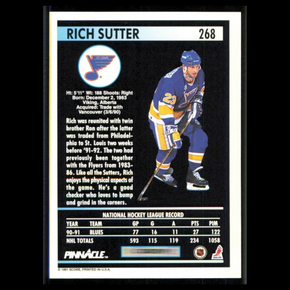Rich Sutter #268 1991 Pinnacle St. Louis Blues Hockey Card NHL NM - Image 2 of 3