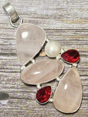 Rosenquarz/Granat Ethno Anhänger - 925 Sterlingsilber - Neu - Bild 1 von 4