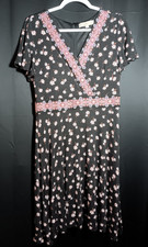 LOFT Women’s Dress Size 8 Black Pink Floral Short Sleeve V‑Neck Knee Length