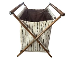 Vtg Folding Sewing Knitting Crochet Yarn Basket Caddy Wood Frame Fabric Lined