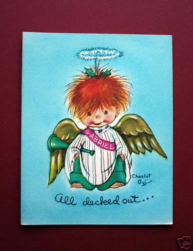 1 Vintage Charlot Byj Weihnachtsgrußkarte, entzückender Engel "Alles geschmückt.." - Bild 1 von 1