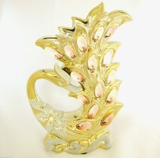 CERAMIC GOLD+SILVER GLITTER FLOWER+PINK SHELL PEACOCK,SWAN BIRD VASE,FIGURINE