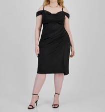 B. Darlin Women's Black Satin Sweetheart Neck Cold-Shoulder Dress Plus Size 14W