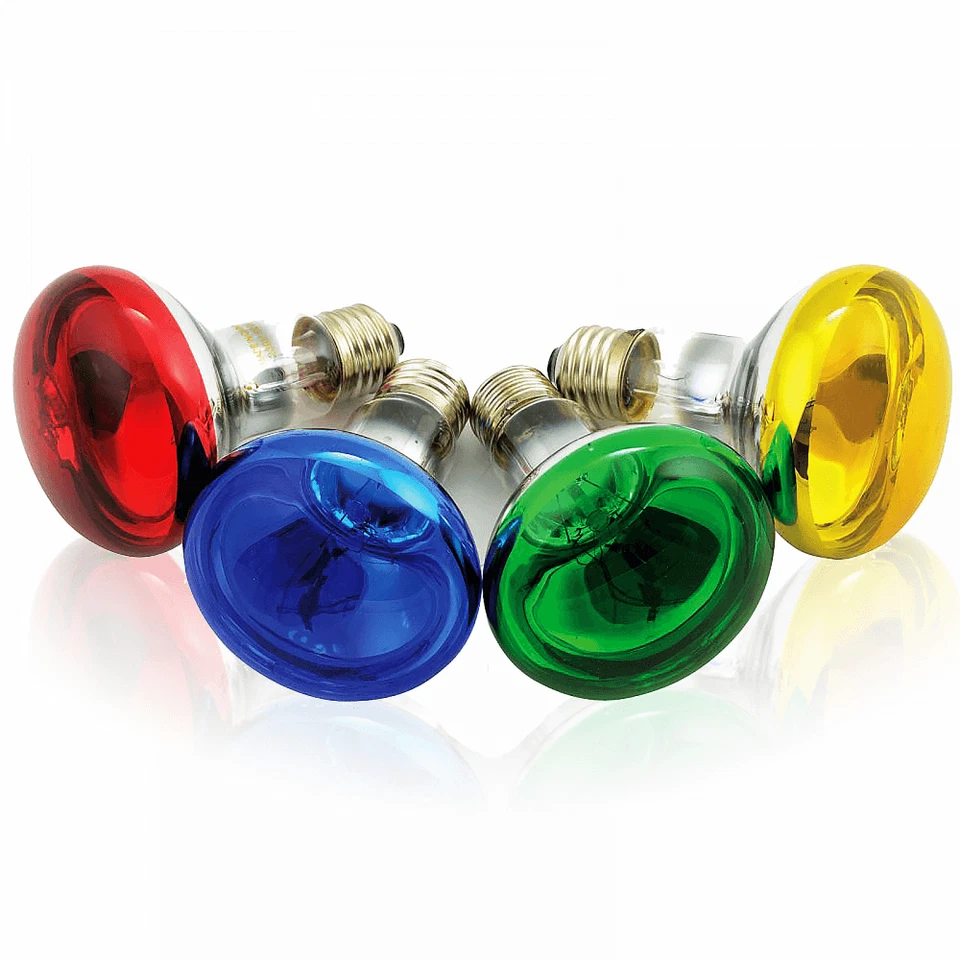 QTX R80 Coloured Reflector Lamps Red Green Yellow Blue Blubs E27 Screw Fitting