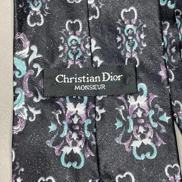 Gravata Christian Dior Monsieur masculina preta roxa azul seda filigrana designer floral - Imagem 3 de 4