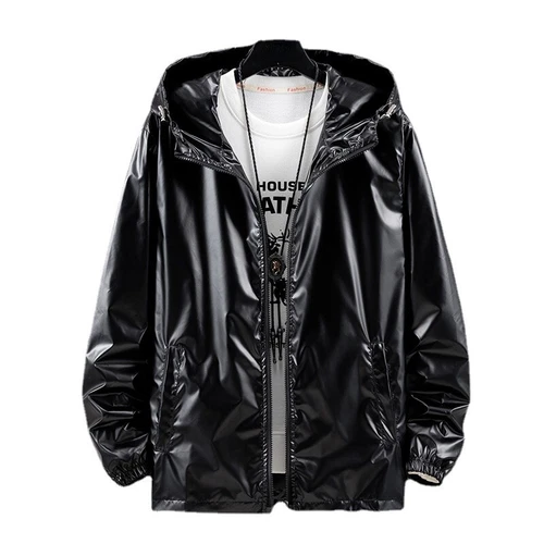 Herren glänzende Jacke Kapuze Mantel holografisch Harajuku Mode Top Freizeit - Bild 6 von 23