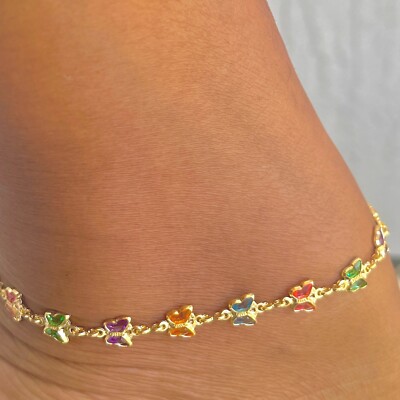 Genuine 18k Gold Filled Multicolor Butterfly Anklet for women-10'' size 7mm
