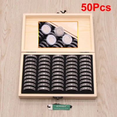 HQ 18-30mm 50pcs Round Coins Holders Storage Container Display Cases Wooden Box