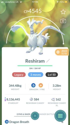 Pokémon Trade Go Level 50- Reshiram 3 Moves With Legacy Move Fusion Flare - Afbeelding 1 van 2