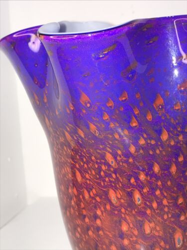 Gefasst Kunstglas blau rot Lava mundgeblasen Taschentuch Vase Glimmer Flocken - Bild 2 von 10