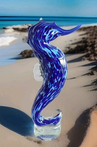 VTG Murano Style Pulled Art Glass RARE Graduated Blue Swirl Seahorse Figurine 8"