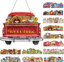 Interchangeable Welcome Sign for Front Door, Wooden Red Truck Hanging Sign with