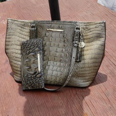 Brahmin Melbourne Crocodile Embossed Gray Shoulder Bag Zip Tassel Charm