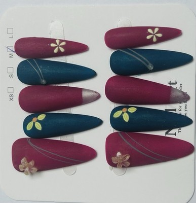 Matte 3D Pink Blue Floral Press-On Nails Almond Long Full Cover Pre-Designed.