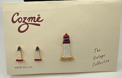 Vintage Cozme Enamel Lighthouse Pin & Earrings Set Usa