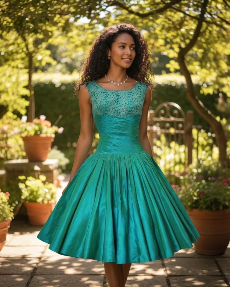 Vestido de festa vintage 1950s FRED PERLBERG verde pinho bordado floral pinup - Imagem 4 de 4