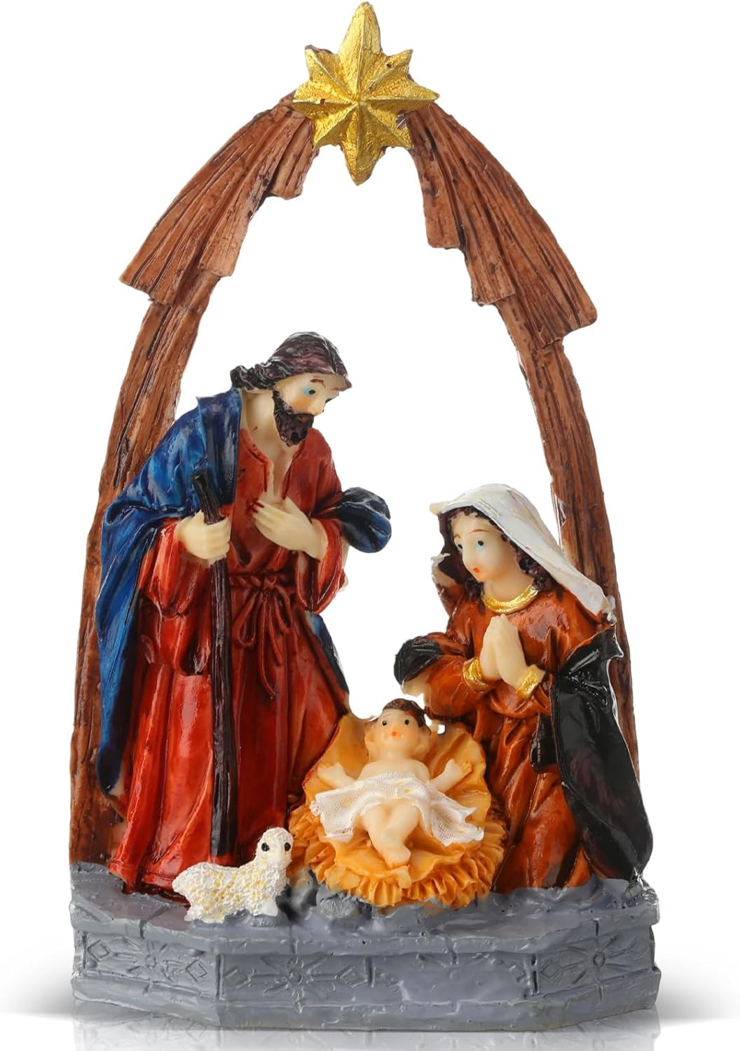 Red Gold Holy Family Nativity Figurine Handcrafted Resin Angel Lamb Set NEW