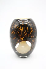 glass vase with Leopard print design with clear glass windows hand blown 8 1/2"