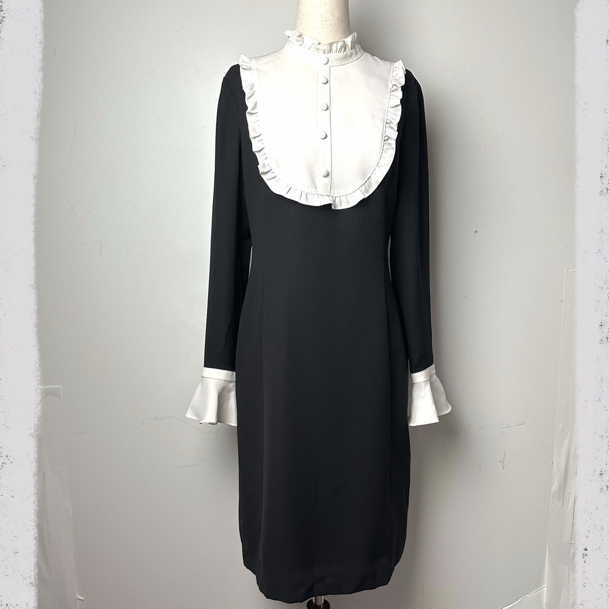 Black Sheath Dress Long Sleeve White Bib Collar Cuff Wednesday Goth Retro  90s S