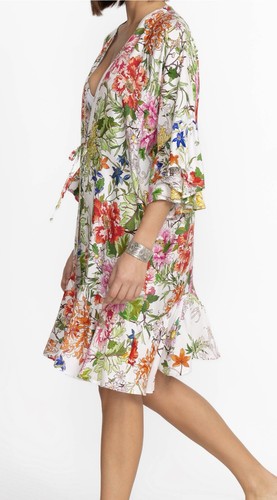 Johnny Was Silk Blend Metalli Giorno Floral Print Ruffle Kimono Size 2XS/XS - Picture 3 of 9