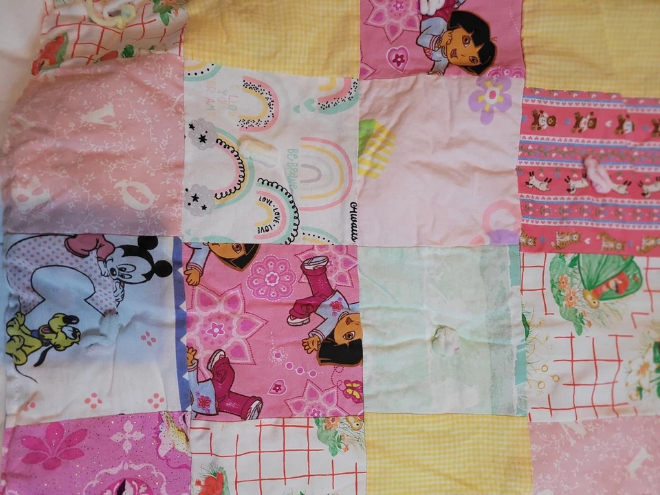 Handmade Baby Tie Quilt 90s Fairycore Dora Disney Gingham Fabrics Flannel Lined  - Image 2 of 3