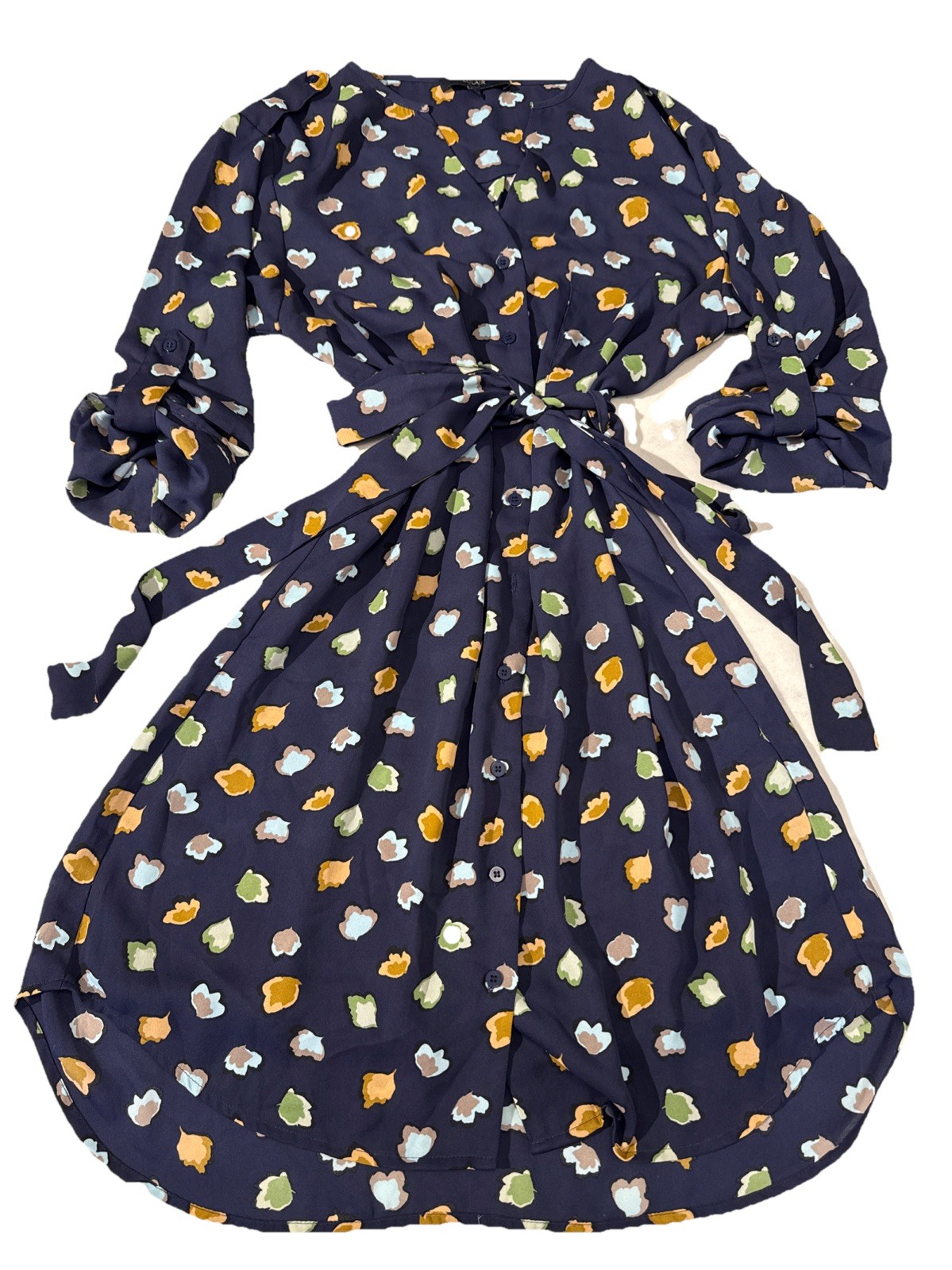 ECLAIR W Size S Navy Leaf Pattern Blouse Dress Bu… - image 1
