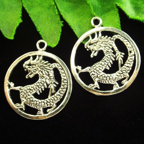 2pcs Tibetan Silver Dragon Pendant Bead 31x2mm H63655