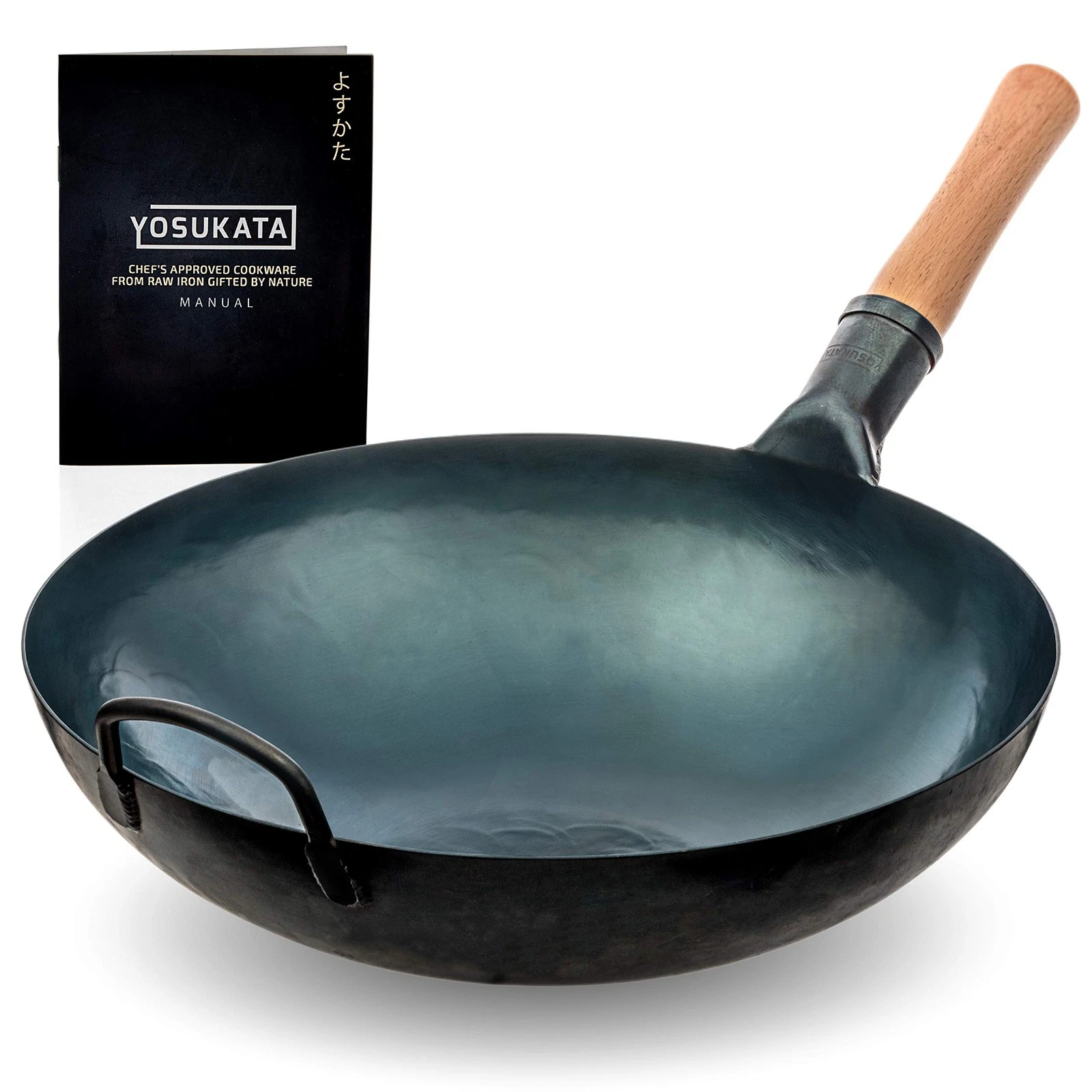 YOSUKATA Blue Carbon Steel Wok and Stir Fry Pans 36 cm- Chinese Hammered Round