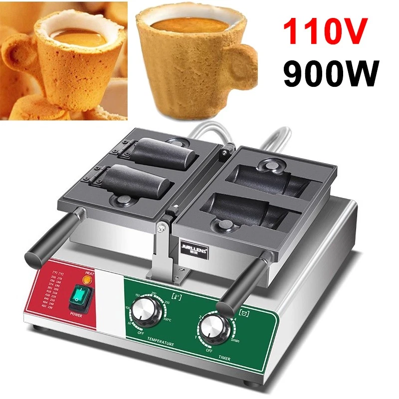 110V Commercial Cup-Shaped Waffle Maker, Japanese 2 Heads Non-Stick Plate 900W