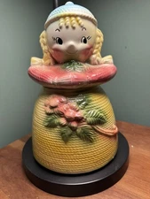 VINTAGE 1950s  AMERICAN BISQUE Cookie Jar Yarn Doll Dutch Little Girl Braids