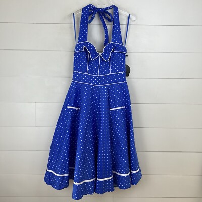 New Hell Bunny Vixen Halter Dress Blue Polka Dot Pin Up Retro Women s Large 50s