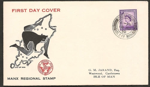 Isle Of Man Stamps 1958 3d Regional Manx Black Cat First Day Cover Castletown PM